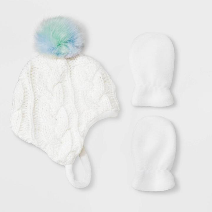 Baby Girls' Knit Beanie & Flat Fleece Mittens Set - Cat & Jack White 3-6m, Toddler Girl's