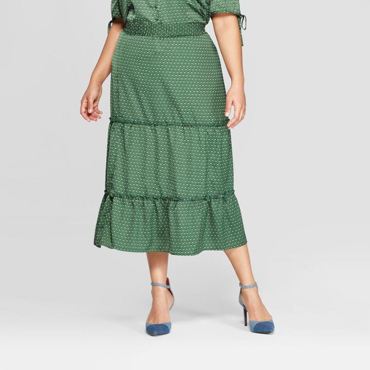 Women's Plus Size Polka Dot Tiered Midi Skirt - Who What Wear Green X