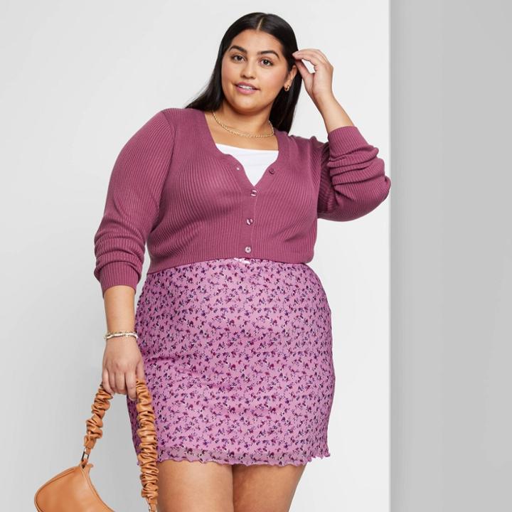 Women's Plus Size Cropped Button-front Cardigan - Wild Fable Dark Mauve