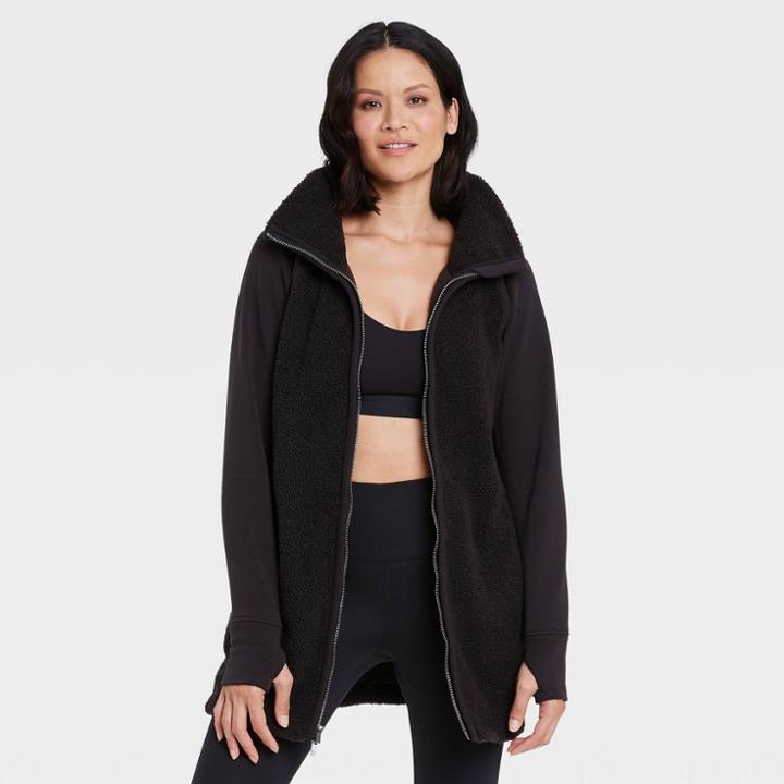 Women's Sherpa Faux Fur Full Zip Long Jacket - All In Motion Black