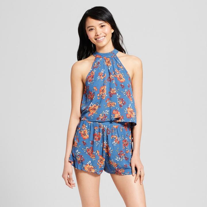 Women's Floral Print High Neck Crop Top - Xhilaration Blue