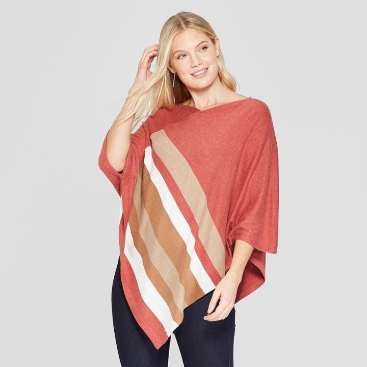 Women's Striped Diagonal Striped Poncho - Jillian Nicole - Orange M, Brown Gray Orange