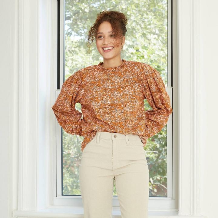 Women's Floral Print Long Sleeve Blouse - Universal Thread Brown