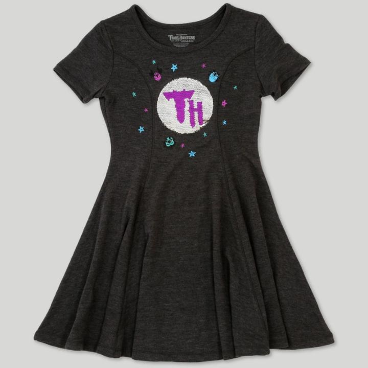 Girls' Trollhunters Reverse Sequin Skater Dress - Charcoal Gray