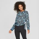 Women's Floral Print Long Sleeve Drapey Tie Blouse - Who What Wear Blue/black L, Blue/black Floral