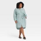 Women's Plus Size Striped Long Sleeve Tie Waist Shirtdress - A New Day Teal 1x, Blue