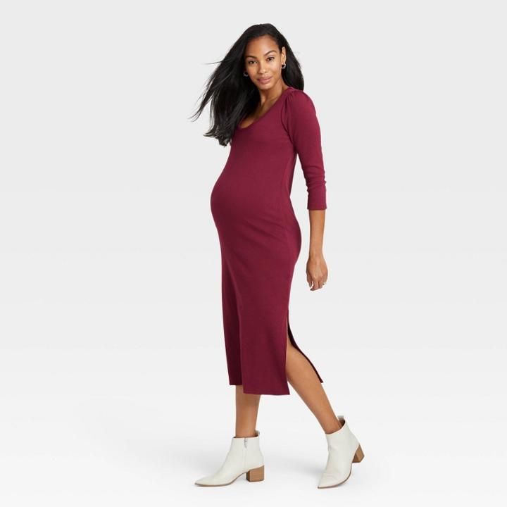 The Nines By Hatch 3/4 Sleeve Ribbed Jersey Maternity Dress Wine Red