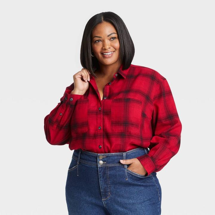 Women's Plus Size Plaid Long Sleeve Button-down Flannel Tunic Top - Ava & Viv Red Plaid