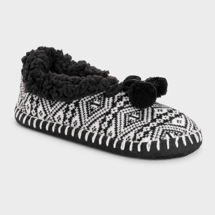 Muk Luks Women's Classic Ballerina Slipper Socks With Poms & Grippers - Black/white