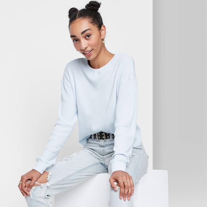 Women's Long Sleeve Boxy Waffle Knit T-shirt - Wild Fable Blue