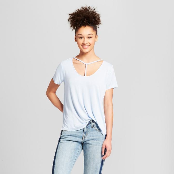 Women's Short Sleeve Drapey T-shirt With Neck Detail - Mossimo Supply Co. Blue