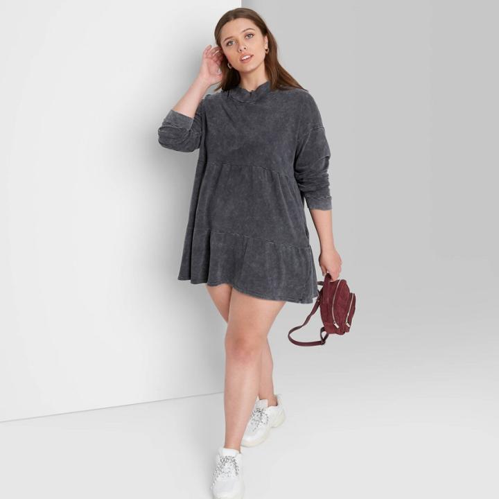 Women's Plus Size Long Sleeve Sweatshirt Dress - Wild Fable Washed Black