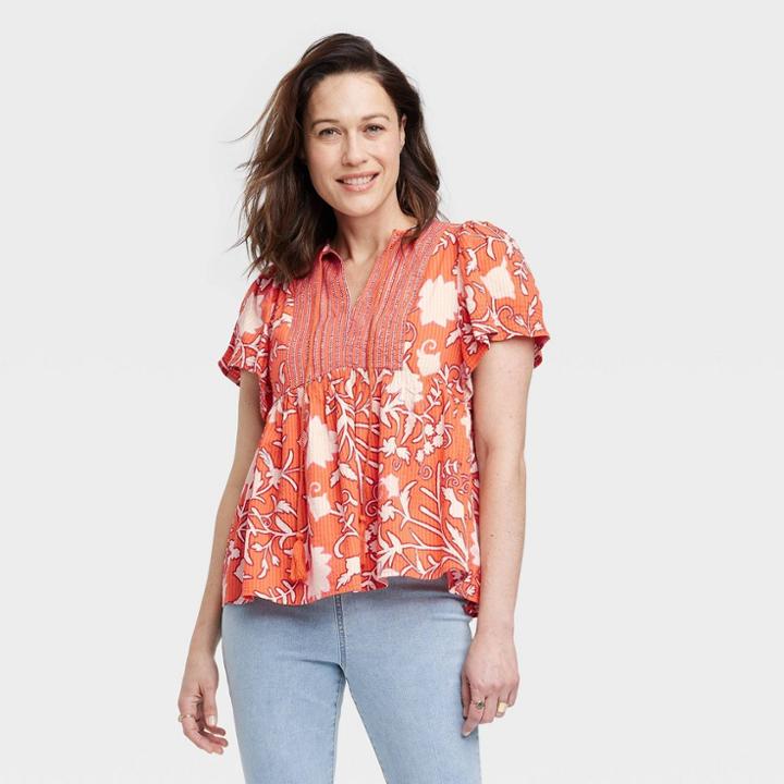 Women's Flutter Short Sleeve Top - Knox Rose Orange Floral