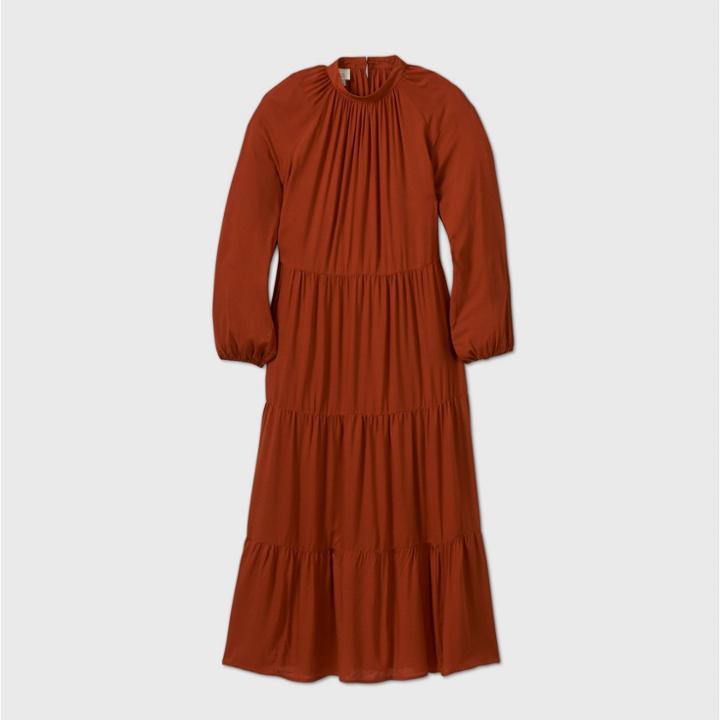 Women's Long Sleeve Tiered Dress - A New Day Rust
