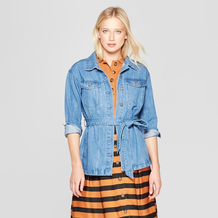 Women's Front Pockets Belted Denim Jacket - Who What Wear Indigo Blue