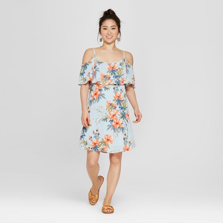 Women's Floral Print Cold Shoulder Ruffle Dress - Loramendi - Blue