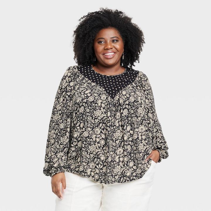 Women's Plus Size Bishop Long Sleeve Blouse - Knox Rose Black Floral