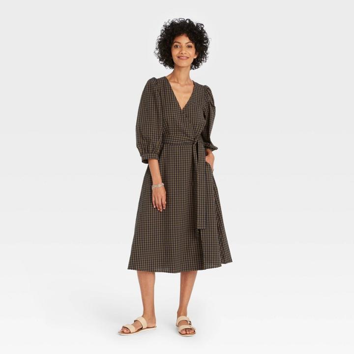 Women's 3/4 Sleeve Wrap Dress - A New Day Blue/green
