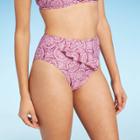 Women's Asymmetrical Ruffle Front High Waist Cheeky Bikini Bottom - Shade & Shore Mauve Tile Print
