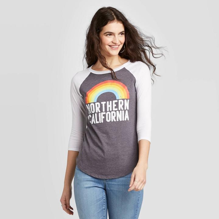 Women's 3/4 Sleeve Round Neck Northern Cali Graphic T-shirt - Modern Lux Gray/white