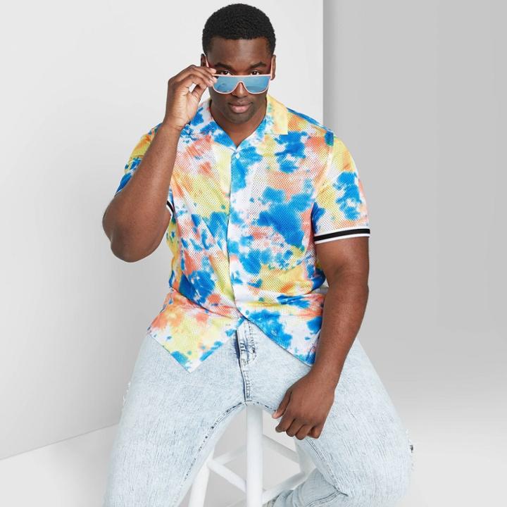 Men's Big & Tall Tie Dye Short Sleeve Button-down Camp Shirt - Original Use - Yellow