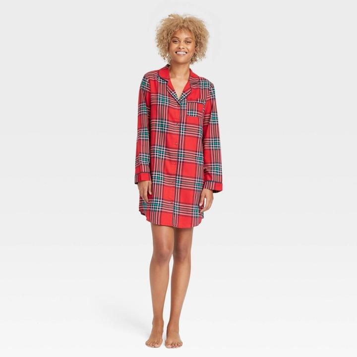 Women's Perfectly Cozy Flannel Plaid Nightgown - Stars Above Red Tartan