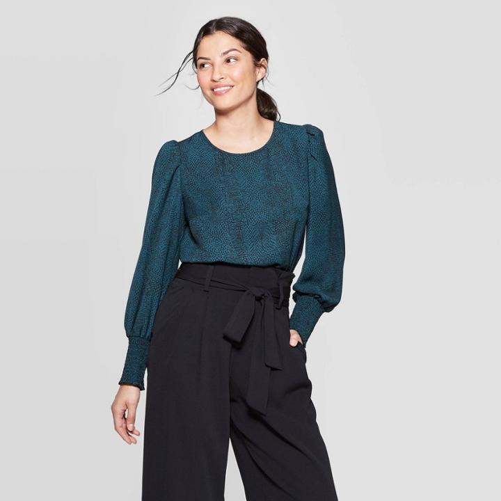Women's Long Sleeve Crewneck Smocked Blouse - A New Day Green