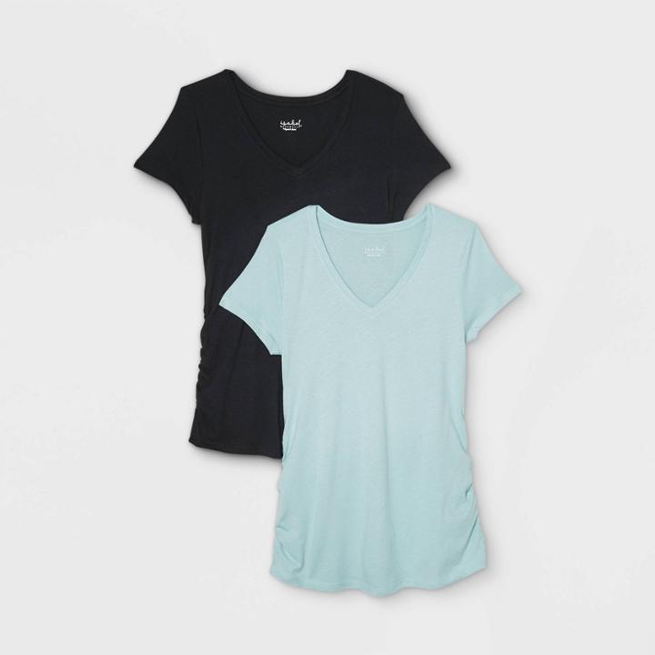 Maternity Short Sleeve V-neck Side Shirred 2pk Bundle T-shirt - Isabel Maternity By Ingrid & Isabel Black/blue