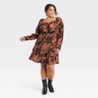 Women's Plus Size Puff Long Sleeve Ruched Front Dress - A New Day Brown/black