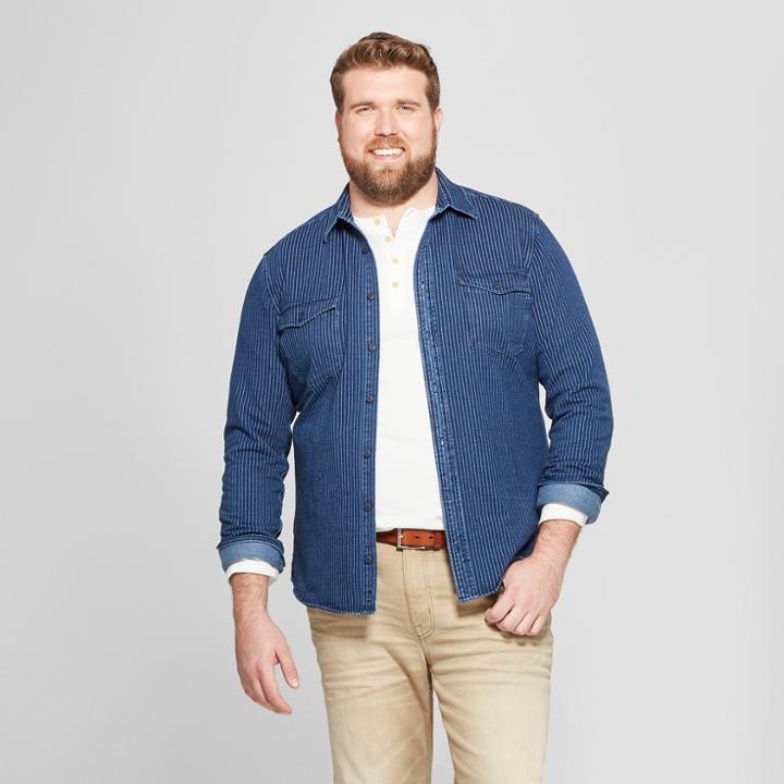 Men's Big & Tall Striped Long Sleeve Denim Shirt - Goodfellow & Co Indigo Splash