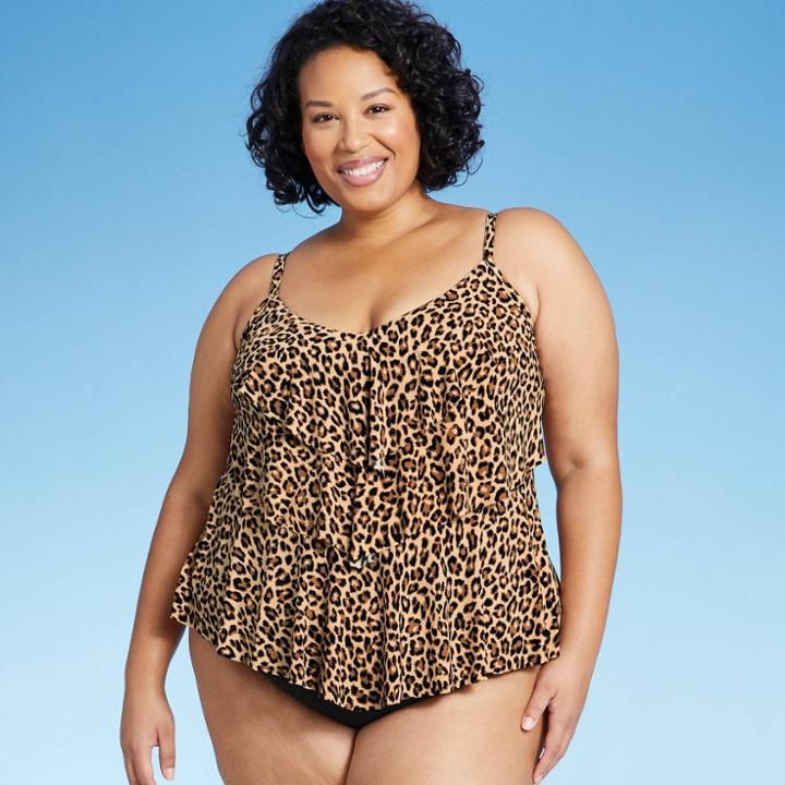 Women's Plus Size Tiered Tankini Top - Aqua Green Animal Print X
