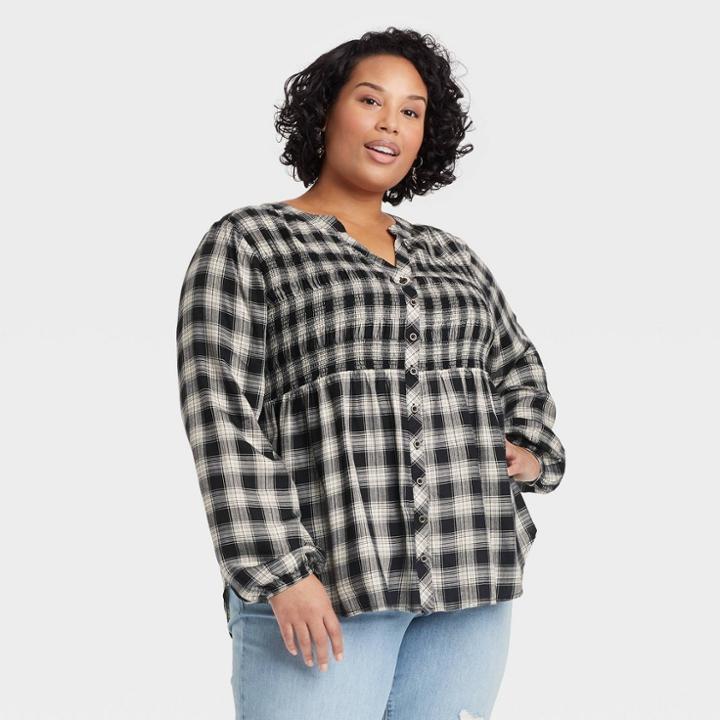 Women's Plus Size Long Sleeve Button-down Top - Knox Rose Black Plaid
