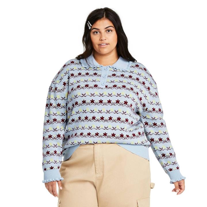 Women's Plus Size Jacquard Collared Pullover Sweater - Sandy Liang X Target Blue