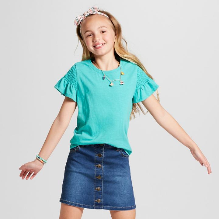 Girls' Smocked Short Sleeve Top - Cat & Jack Green