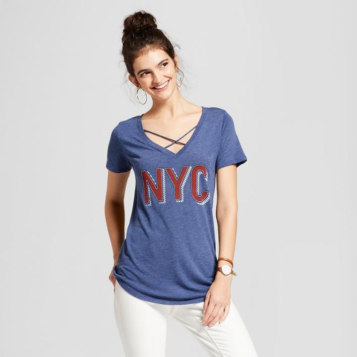 Women's Nyc Marquee Short Sleeve Cross Front Drapey Graphic T-shirt - Awake Navy