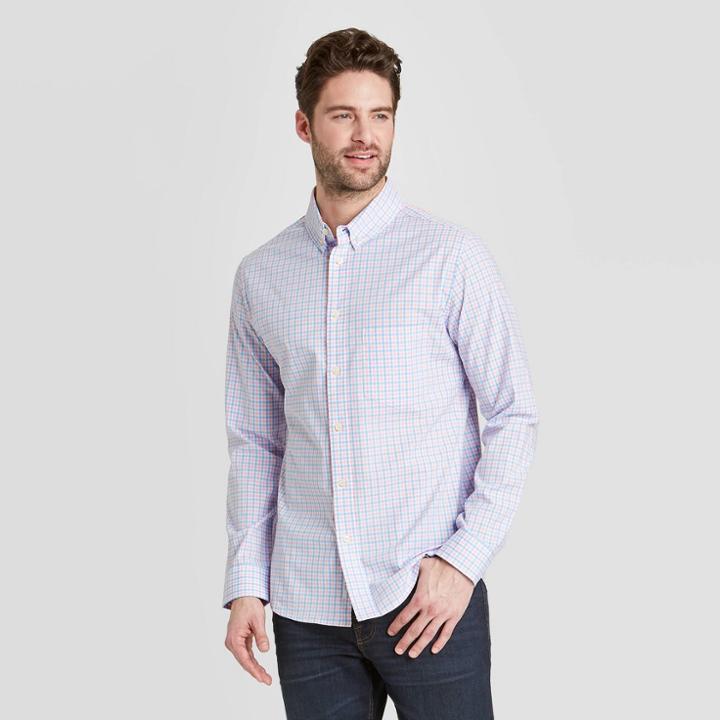 Men's Slim Fit Long Sleeve Poplin Button-down Shirt - Goodfellow & Co Peach Pink S, Men's, Size: Small, Pink Pink