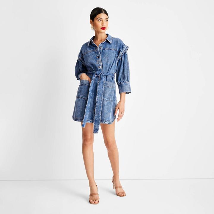 Women's Long Sleeve Utility Denim A-line Dress - Future Collective With Kahlana Barfield Brown Blue Acid Wash Denim