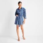 Women's Long Sleeve Utility Denim A-line Dress - Future Collective With Kahlana Barfield Brown Blue Acid Wash Denim