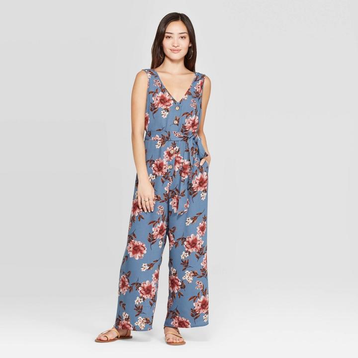 Women's Floral Print Sleeveless Deep V-neck Belted Button Front Jumpsuit - Xhilaration