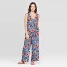 Women's Floral Print Sleeveless Deep V-neck Belted Button Front Jumpsuit - Xhilaration