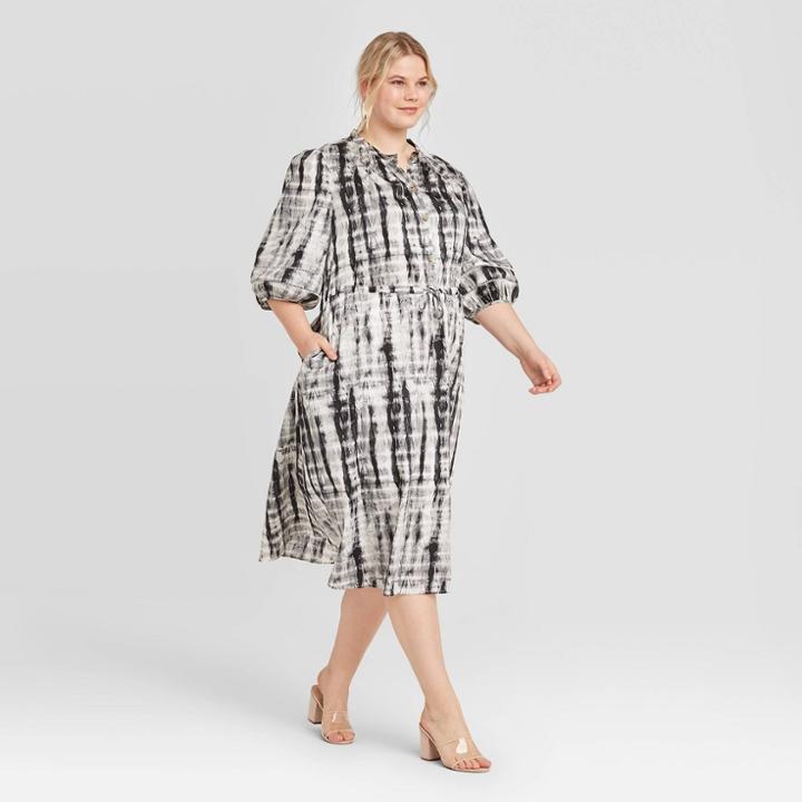 Women's Plus Size Tie-dye Elbow Sleeve Midi Dress - Who What Wear Black 1x, Women's,