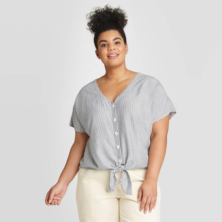 Women's Plus Size Striped Short Sleeve Tie Front Top - Universal Thread Navy 1x, Women's, Size: