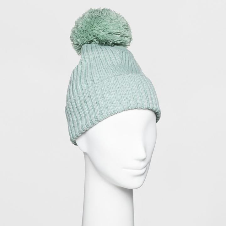 Women's Ribbed Cuff Pom Beanie - A New Day Green