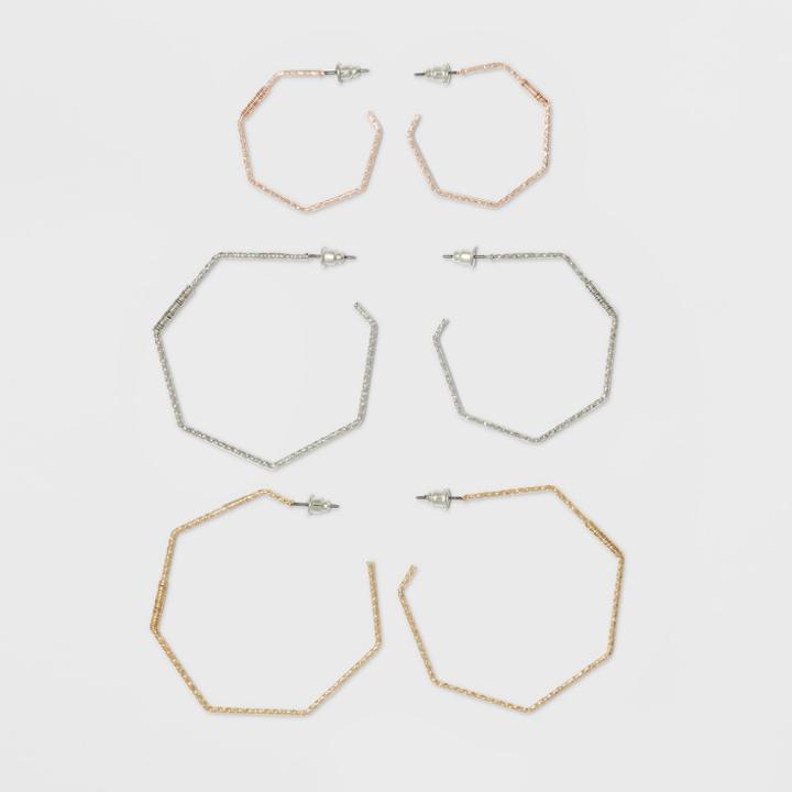 Textured Hexagon Shape Open Ended Hoop Earring Set 3ct - Wild Fable,