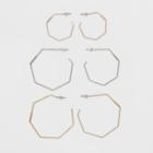 Textured Hexagon Shape Open Ended Hoop Earring Set 3ct - Wild Fable,