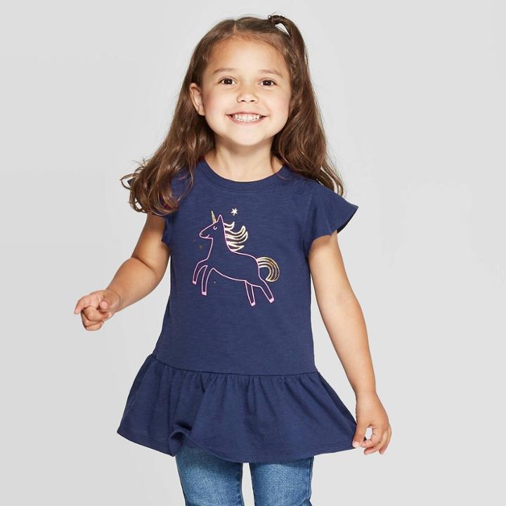 Toddler Girls' Short Sleeve Unicorn Cozy Peplum Top - Cat & Jack Navy
