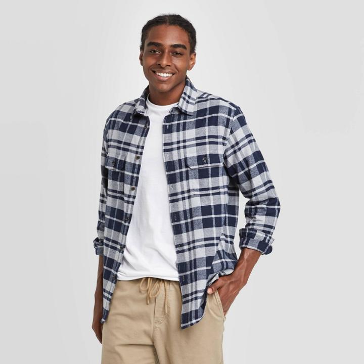 Mens Standard Fit Long Sleeve 2-pocket Flannel Button-down Shirt - Goodfellow & Co Xavier Navy