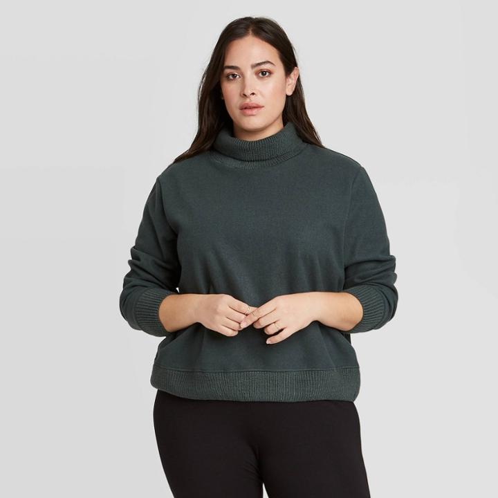 Women's Plus Size Long Sleeve Turtleneck Sweater Trim T-shirt - A New Day Teal