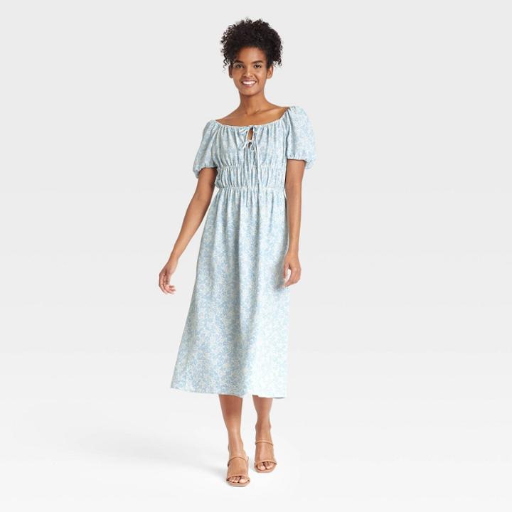 Women's Puff Short Sleeve Smocked Dress - Who What Wear Blue Floral