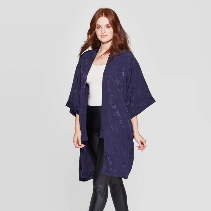 Women's Floral Print Kimono - A New Day Navy One Size, Women's, Blue